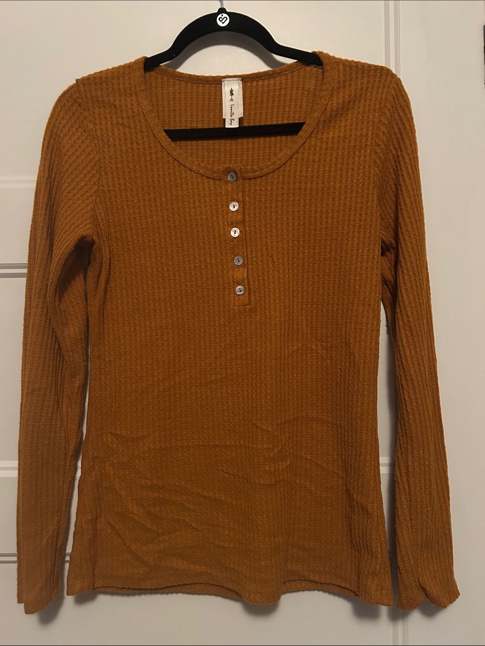 Vanilla Bay Mustard Waffle Henley Long Sleeve Top